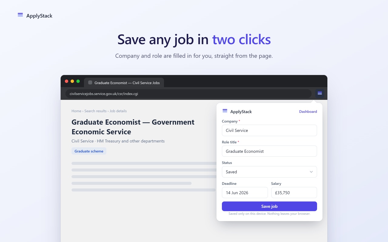 The two-click save popup with pre-filled job fields.